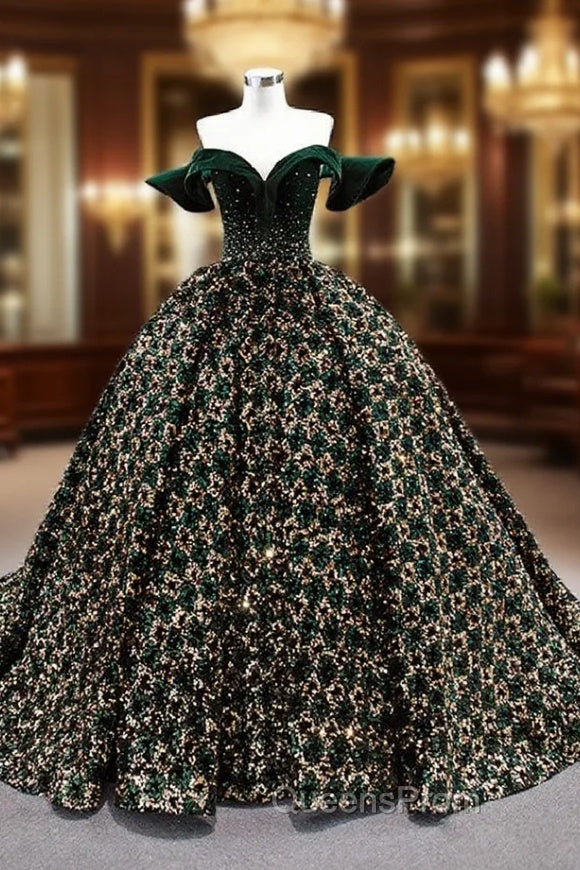 Gold Green Ball Gown Sequins Off the Shoulder Evening Prom Dress