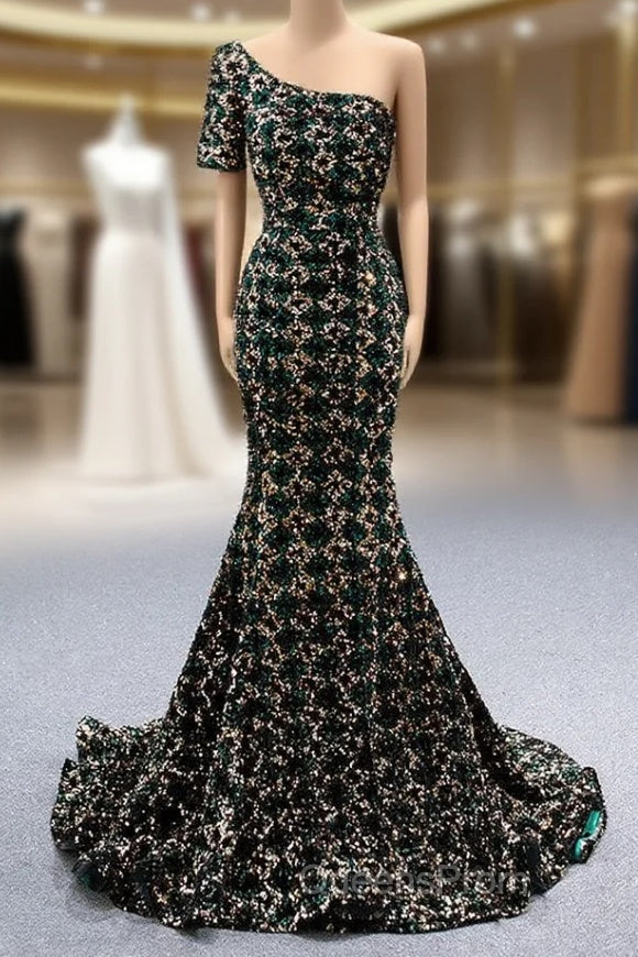 Gold Green Mermaid Sequins One Shoulder Evening Prom Dress Main image