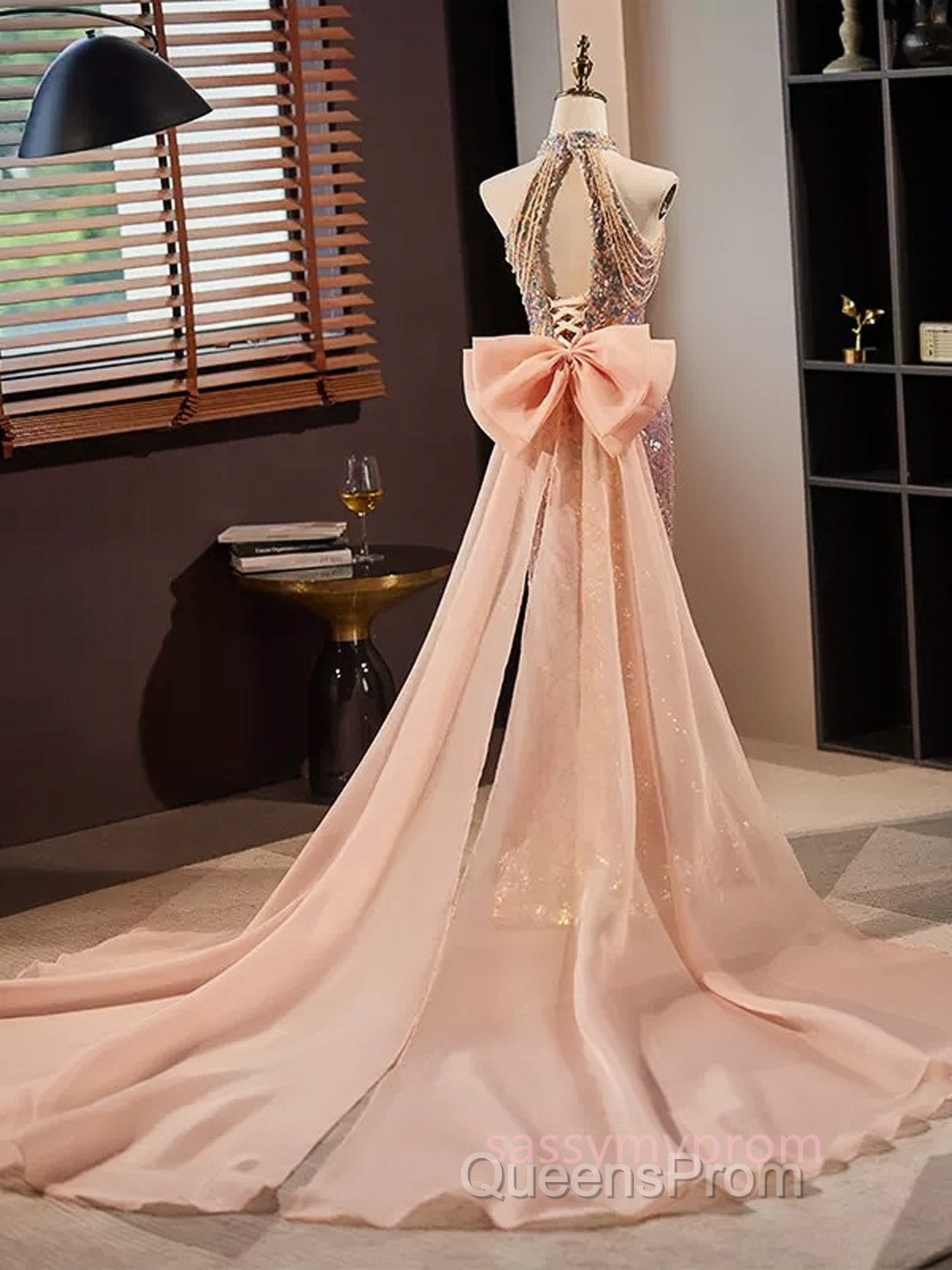 Gold Halter Beading Sequin Mermaid Evening Prom Dress With Detachable Bow Secondary image