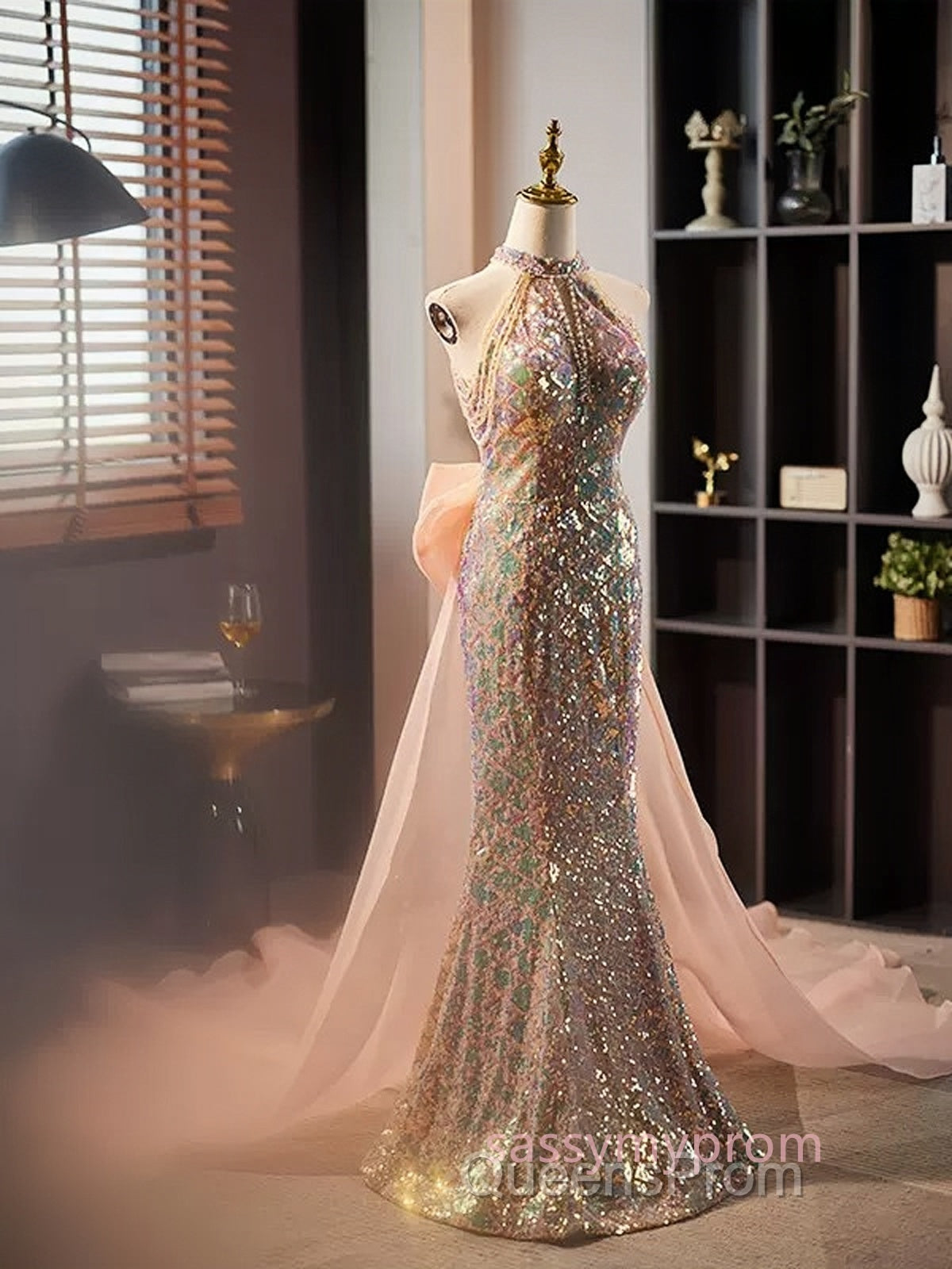 Gold Halter Beading Sequin Mermaid Evening Prom Dress With Detachable Bow