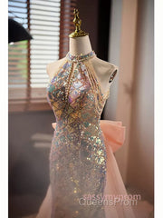Gold Halter Beading Sequin Mermaid Evening Prom Dress With Detachable Bow