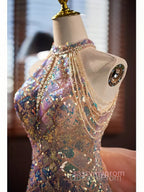 Gold Halter Beading Sequin Mermaid Evening Prom Dress With Detachable Bow