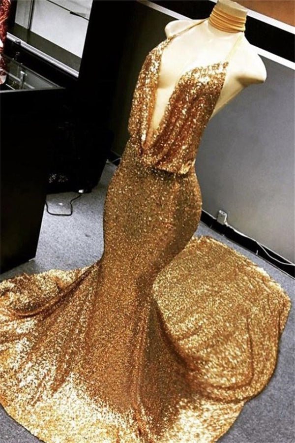 Gold Halter V-Neck Mermaid Charming Sequined Deep Flow Neck Prom Party Gowns Main image