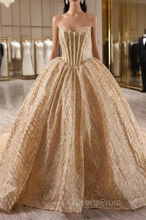 Gold Hot Stamping Sequins Strapless Beading Evening Prom Dress Main image