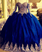 Gold Lace Charro Quinceanera Dress Long Sleeve Off The Shoulder