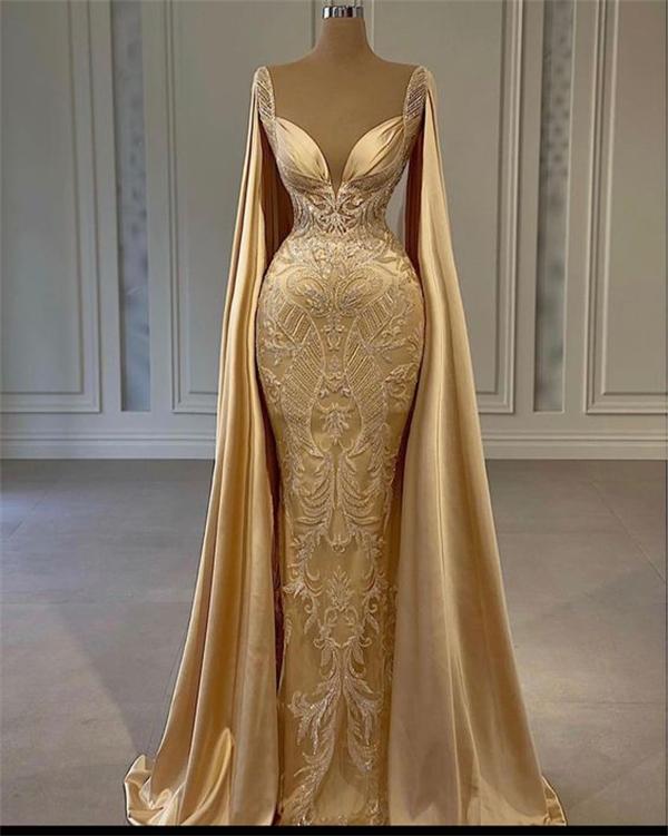 Gold Mermaid Classy Prom Dress With Wrap Beaded Lace Appliqued Classy Evening Dress Party Second Reception Gowns Plus Size