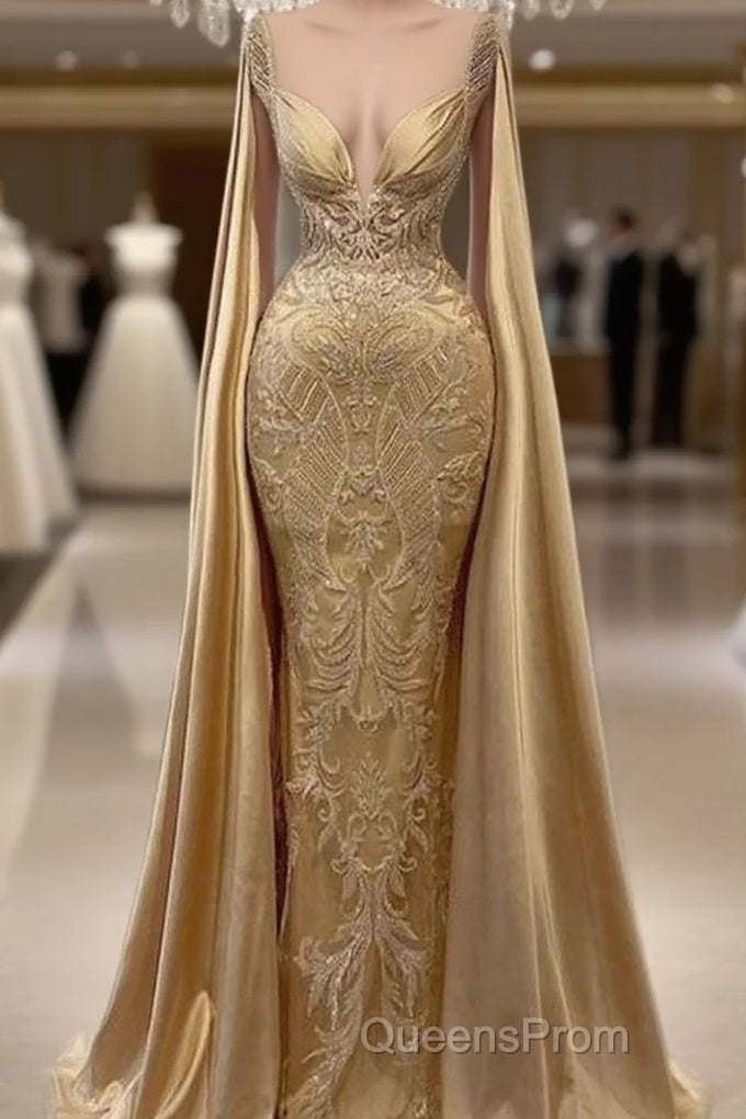 Gold Mermaid Evening Prom Dress With Wrap Beaded Lace Appliqued Evening Dress Party Second Reception Gowns Plus Size Main image