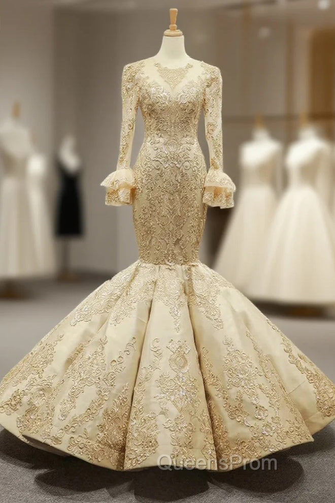 Gold Mermaid Satin Lace Appliques Long Sleeve Luxury Evening Prom Dress