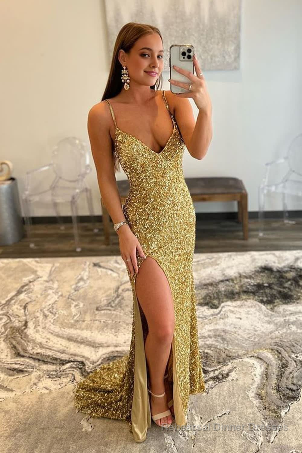 Gold Mermaid Sequin Prom Dress with Slit Main image