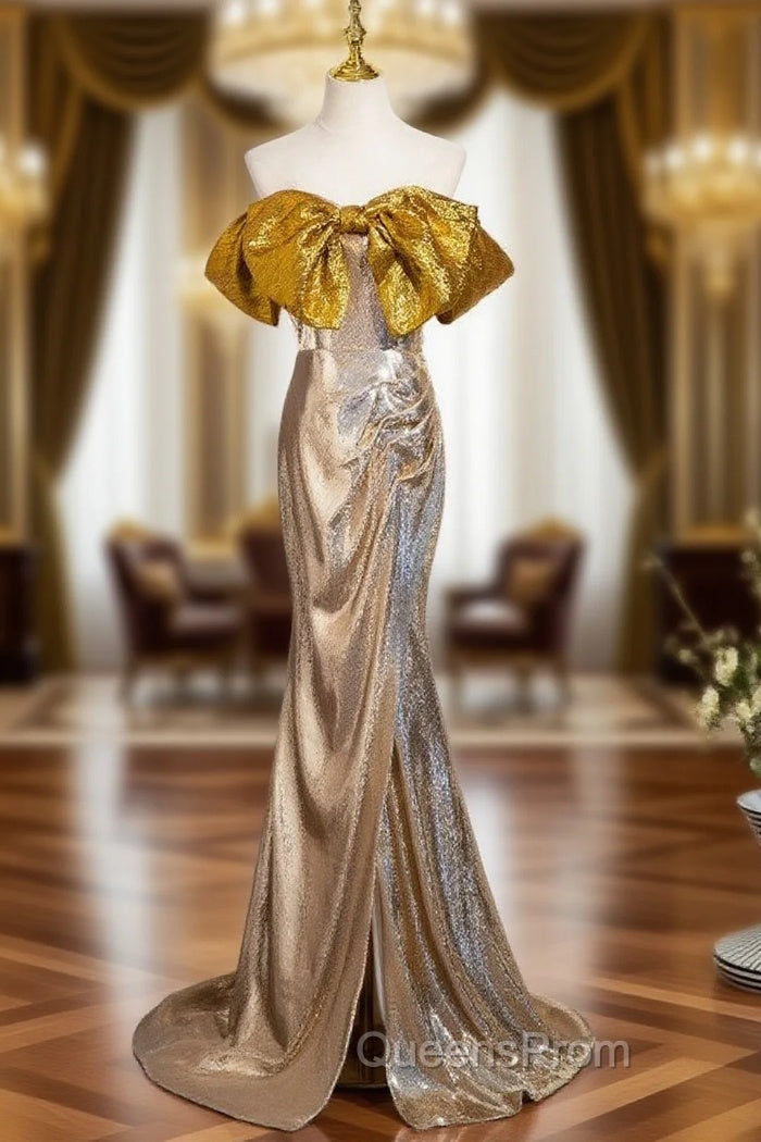 Gold Mermaid Sequins Bow Evening Prom Dress