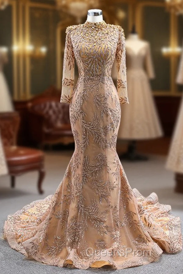 Gold Mermaid Sequins High Neck Pearls Evening Prom Dress Main image