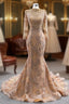 Gold Mermaid Sequins High Neck Pearls Evening Prom Dress
