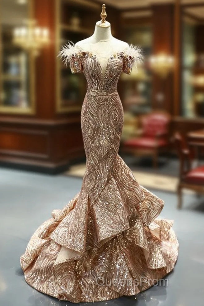 Gold Mermaid Sequins Off The Shoulder Appliques Evening Prom Dress With Feather
