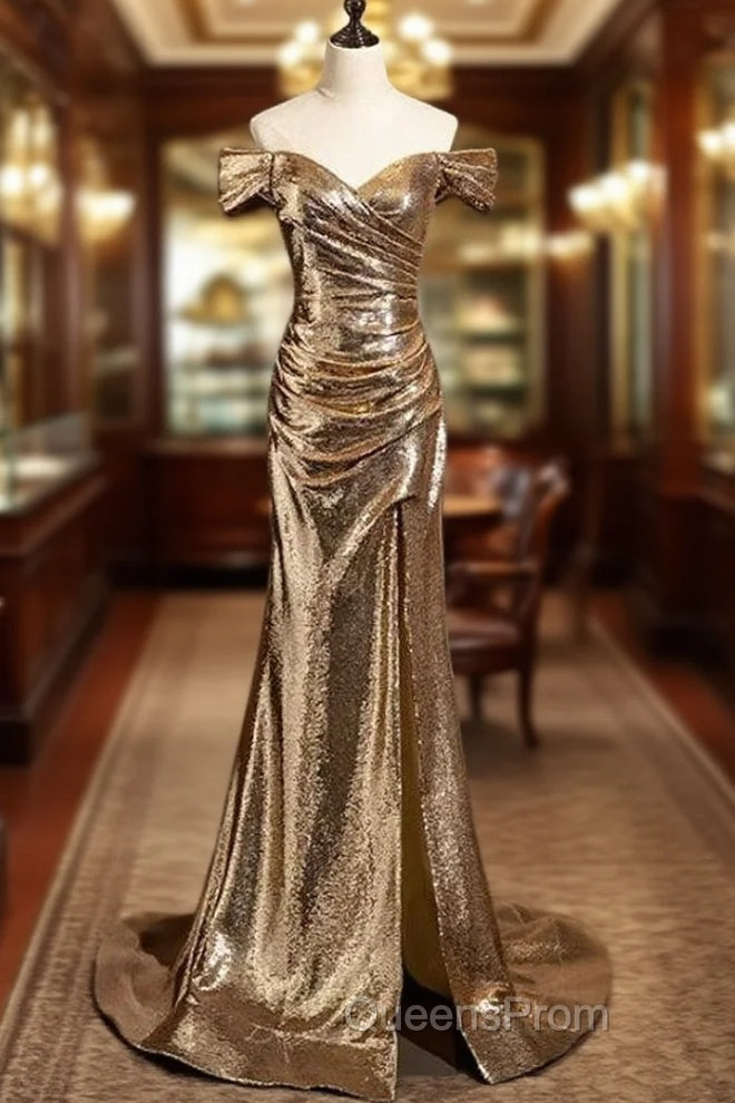 Gold Mermaid Sequins Off the Shoulder Pleats Evening Prom Dress Main image