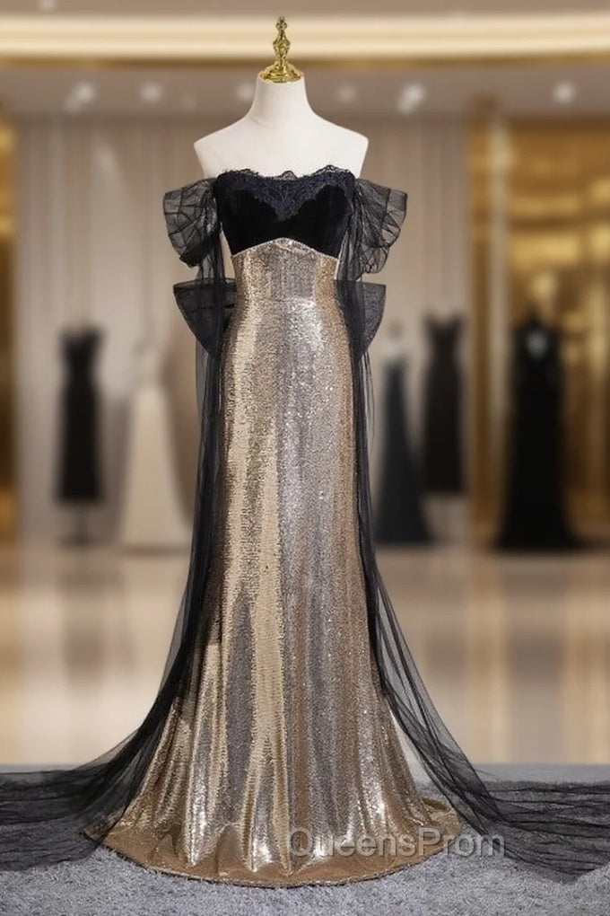 Gold Mermaid Sequins Off the Shoulder Evening Prom Dress With Bow Main image