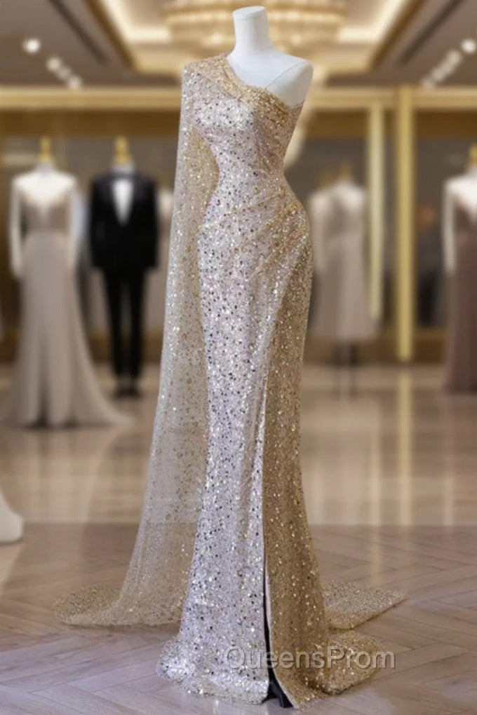 Gold Mermaid Sequins One Shoulder Evening Prom Dress