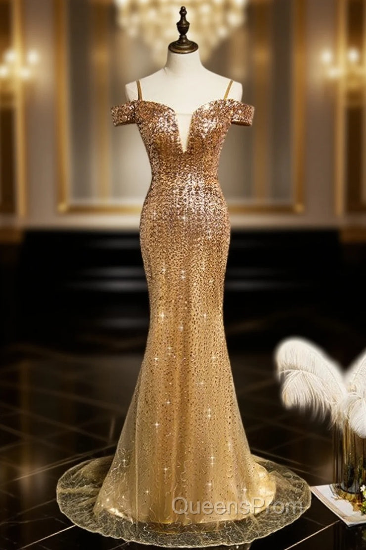 Gold Mermaid Sequins Spaghetti Straps Evening Prom Dress Main image