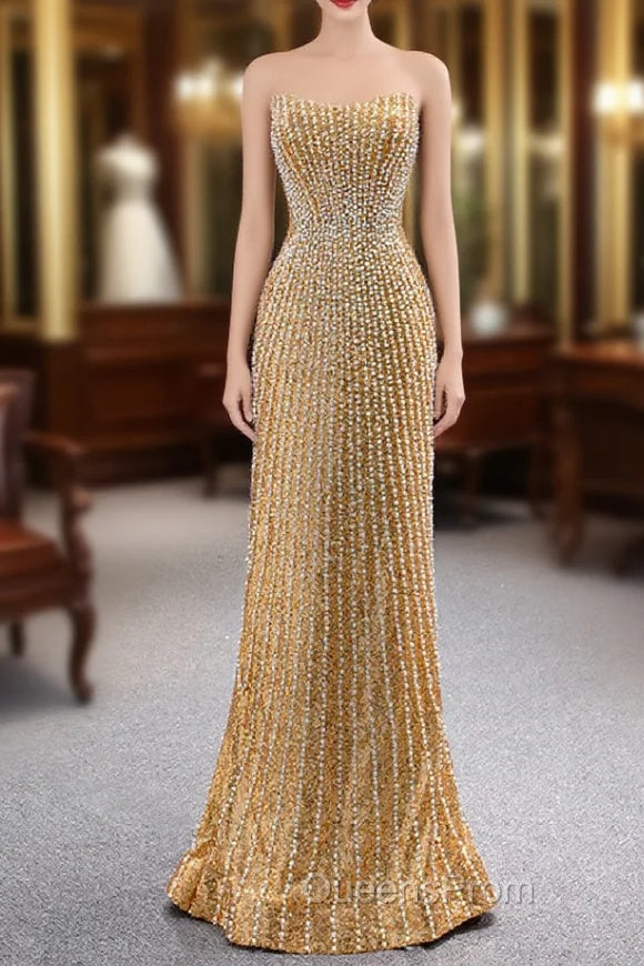 Gold Mermaid Sequins Strapless Pearls Evening Prom Dress Main image