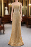Gold Mermaid Sequins Strapless Pearls Evening Prom Dress