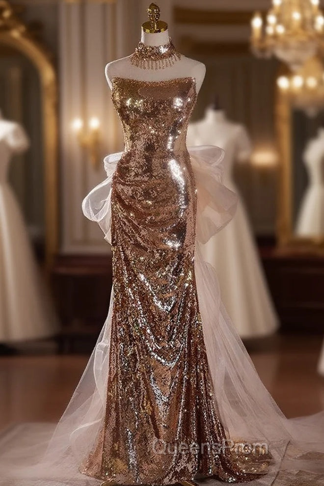 Gold Mermaid Sequins Strapless Pleats Evening Prom Dress Main image