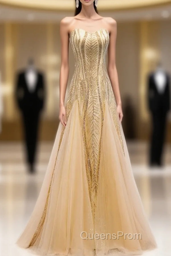 Gold Mermaid Sequins Tulle Sleeveless Evening Prom Dress Main image