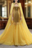Gold Mermaid Tulle Sequins Crystal Spaghetti Straps Evening Prom Dress With Shawl