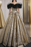 Gold Off the Shoulder Black Flower Evening Prom Dress