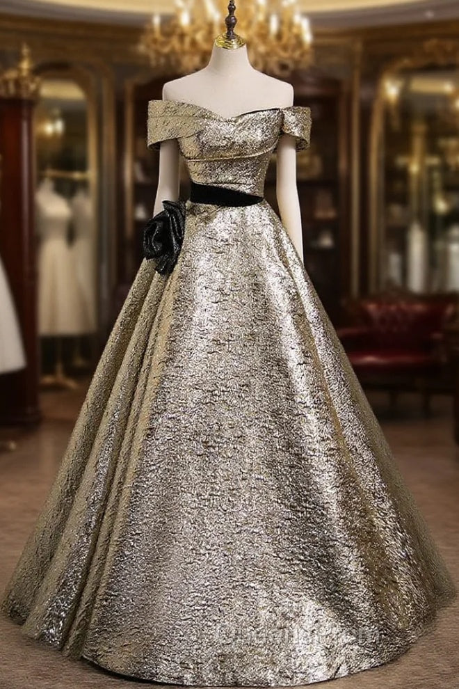 Gold Off the Shoulder Flower Evening Prom Dress