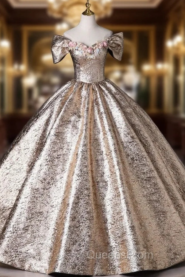 Gold Off the Shoulder Flower Quinceanera Dress