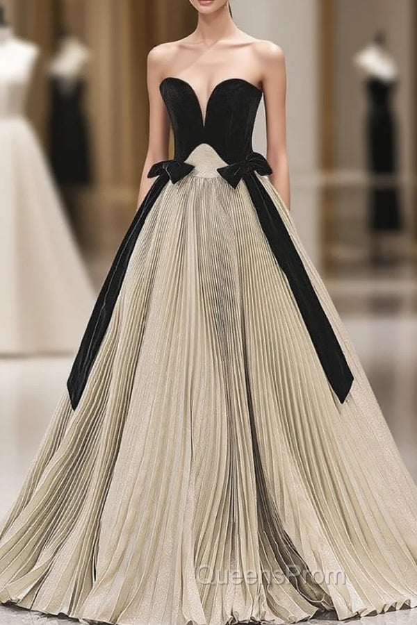 Gold Pleats Strapless Black Velvet Evening Prom Dress Main image