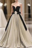 Gold Pleats Strapless Black Velvet Evening Prom Dress
