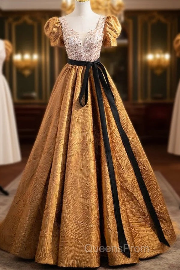 Gold Puff Sleeve Square Sequins Evening Prom Dress
