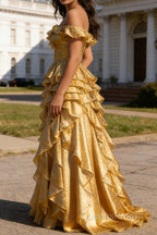 Gold Ruffled A-Line Square Neck Long Prom Dress