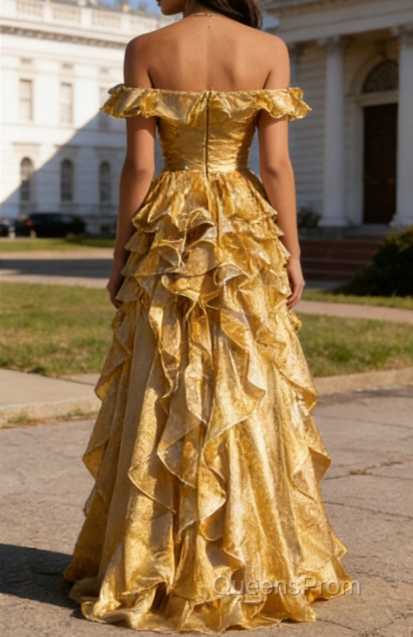 Gold Ruffled A-Line Square Neck Long Prom Dress