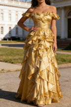 Gold Ruffled A-Line Square Neck Long Prom Dress