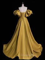 Gold Satin A-line Lace-up Long Party Dress with Sleeves, Gold Satin Evening Prom Dress