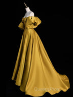 Gold Satin A-line Lace-up Long Party Dress with Sleeves, Gold Satin Evening Prom Dress