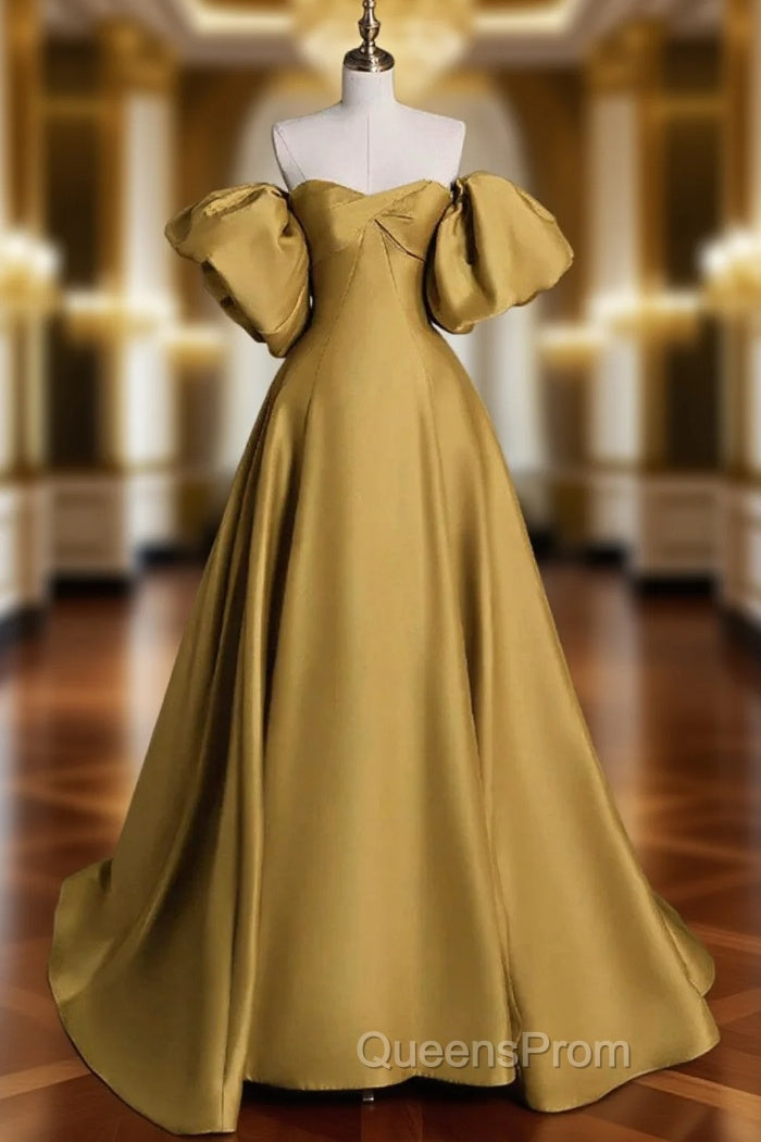 Gold Satin A-line Lace-up Long Party Dress with Sleeves, Gold Satin Evening Prom Dress Main image