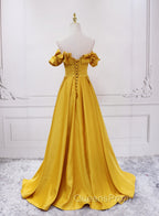 Gold Satin A-line Sweetheart Long Junior Evening Prom Dress, Floor Length Satin Evening Dress