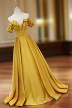 Gold Satin A-line Sweetheart Long Junior Evening Prom Dress, Floor Length Satin Evening Dress