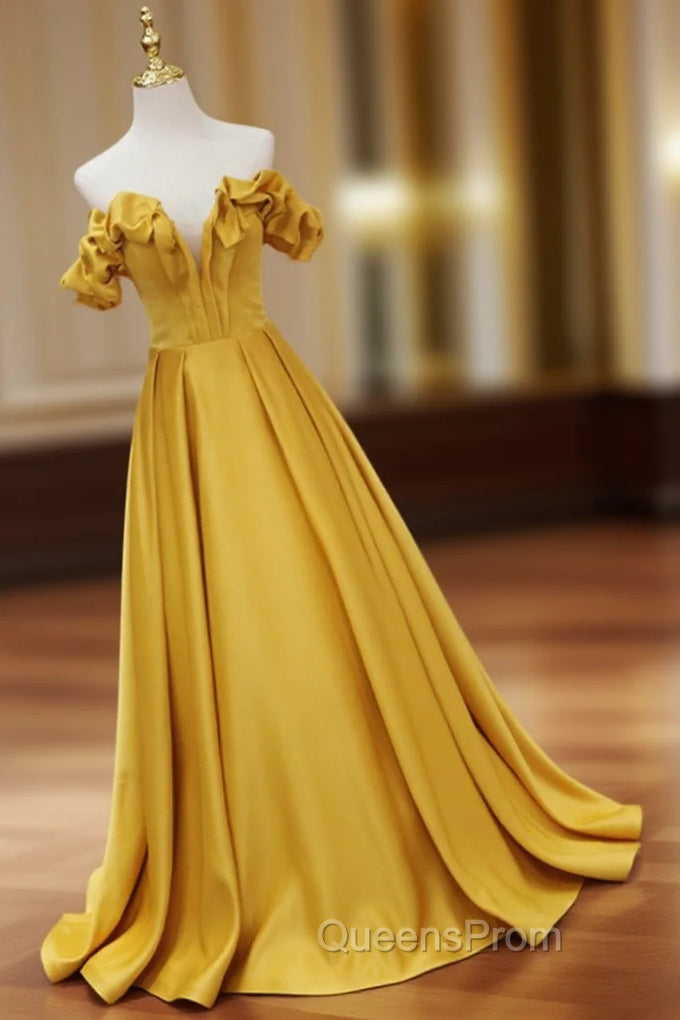 Gold Satin A-line Sweetheart Long Junior Evening Prom Dress, Floor Length Satin Evening Dress