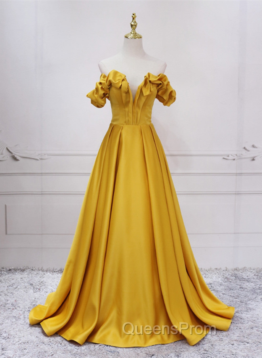 Gold Satin A-line Sweetheart Long Junior Evening Prom Dress, Floor Length Satin Evening Dress