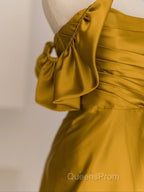 Gold Satin Off Shoulder Long Evening Dress, Gold Satin Evening Prom Dress