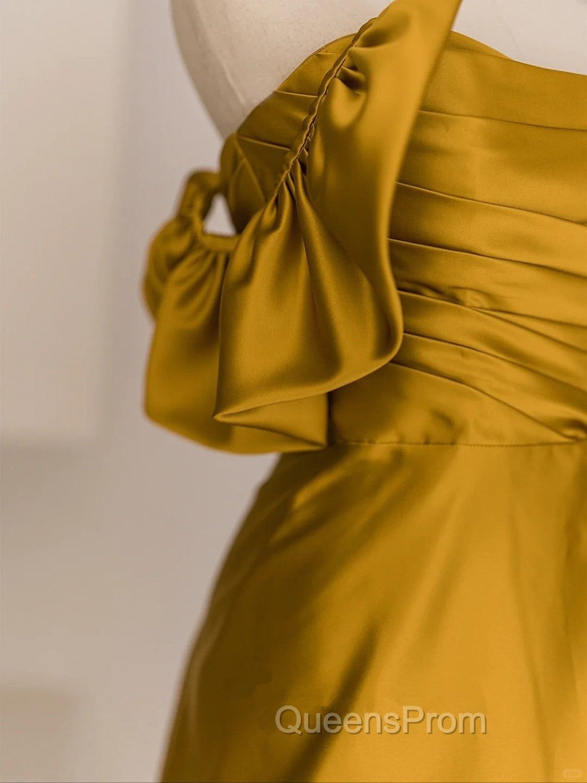 Gold Satin Off Shoulder Long Evening Dress, Gold Satin Evening Prom Dress