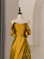 Gold Satin Off Shoulder Long Evening Dress, Gold Satin Evening Prom Dress