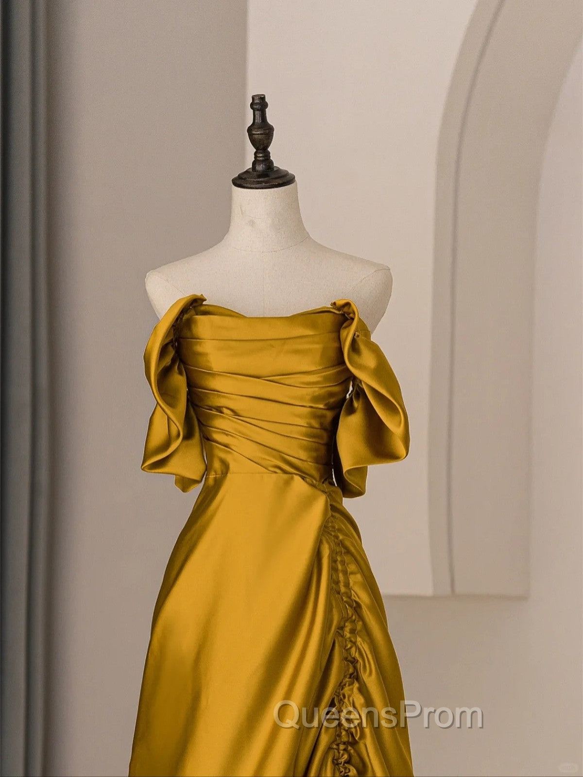Gold Satin Off Shoulder Long Evening Dress, Gold Satin Evening Prom Dress