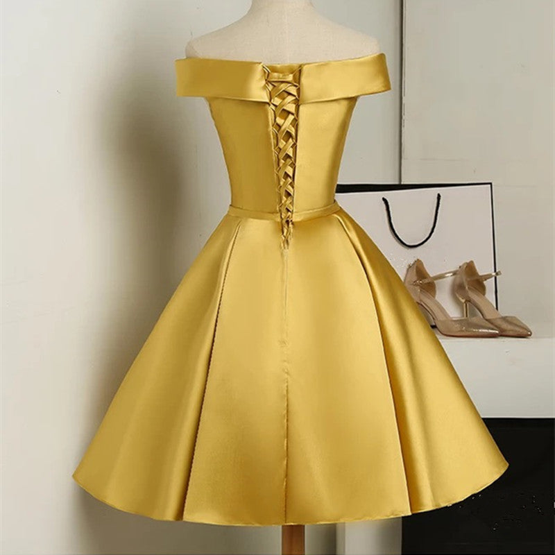 Gold Satin Off Shoulder Short Classy Dress , Lovely Classy Dress Secondary image