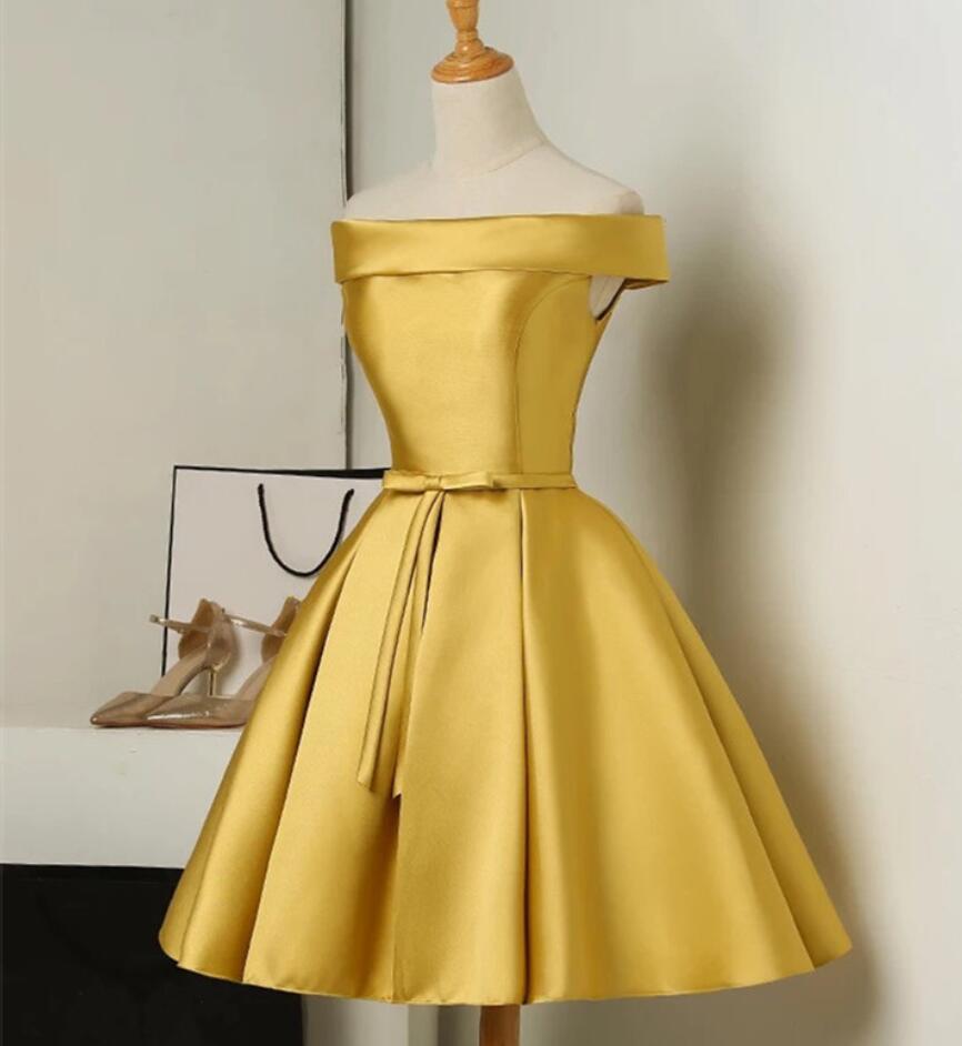 Gold Satin Off Shoulder Short Classy Dress , Lovely Classy Dress