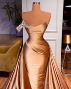 Gold Satin One Shoulder Overskirt Evening Prom Dress