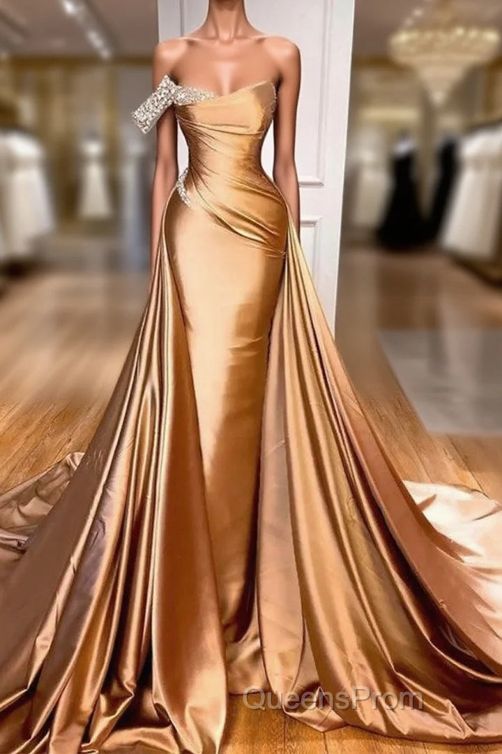 Gold Satin One Shoulder Overskirt Evening Prom Dress Main image